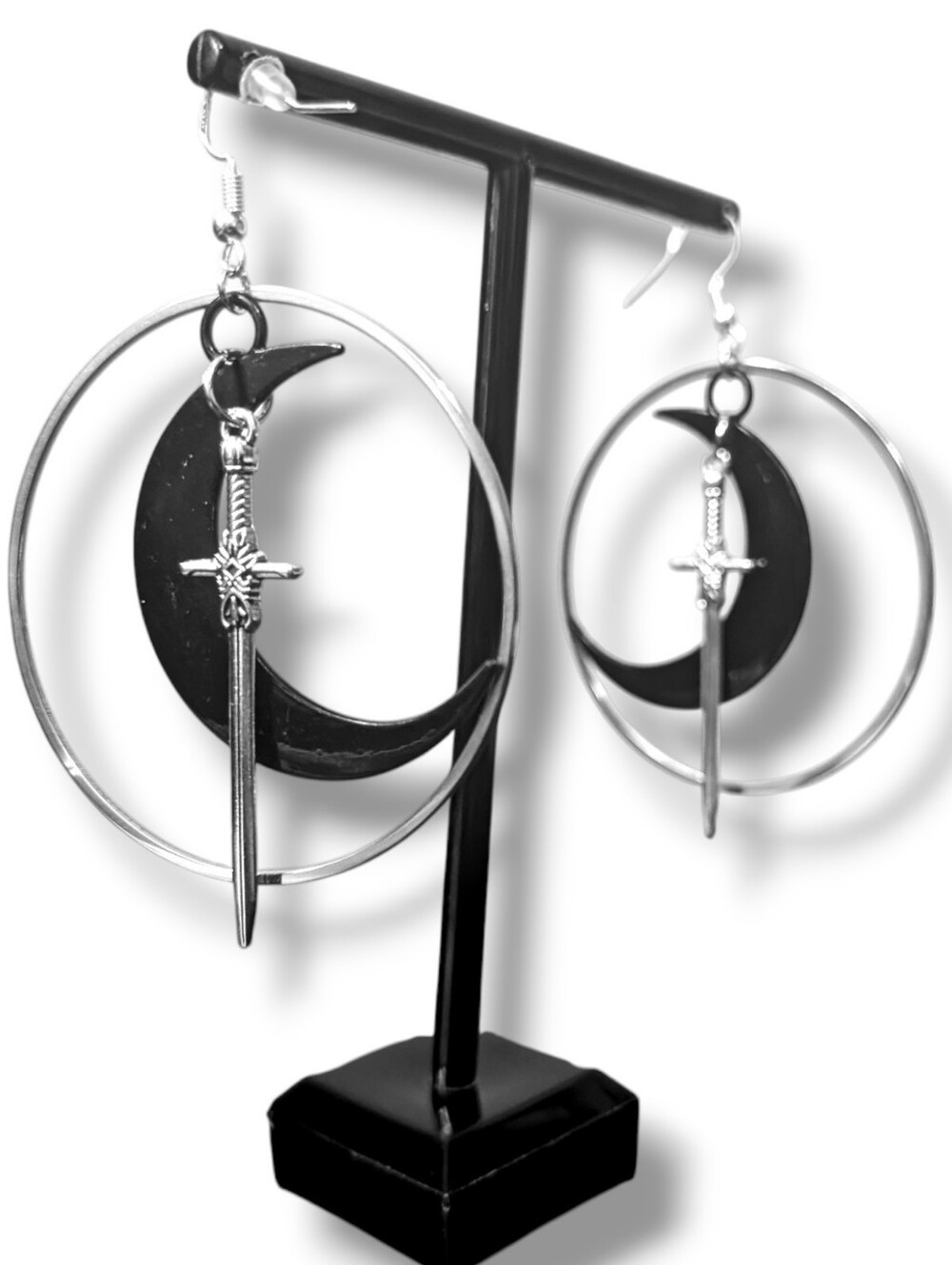 NWT Handmade Black Crescent Moon Silver Sword and Hoop Layered Earrings